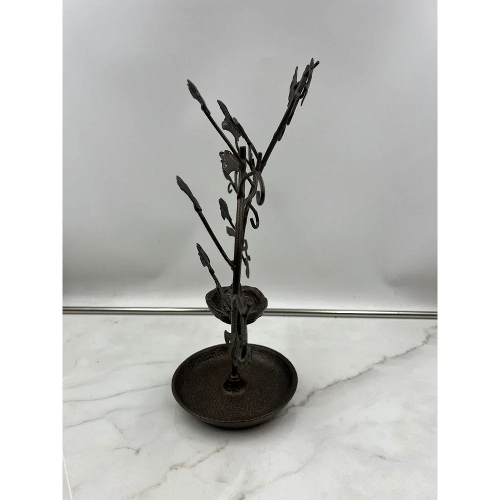 Cast Iron Jewelry Tree Stand Ginkgo Leaf Bird Nest Organizer Bronze Tone 12.5in